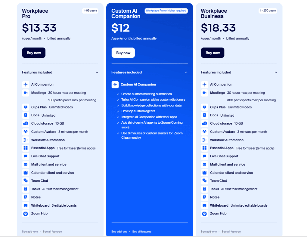 Zoom AI Companion Pricing