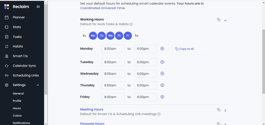 Reclaim AI - working hours settings