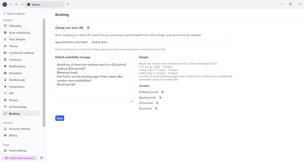 Motion app review booking page