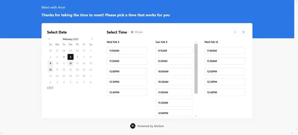 Motion app review booking page