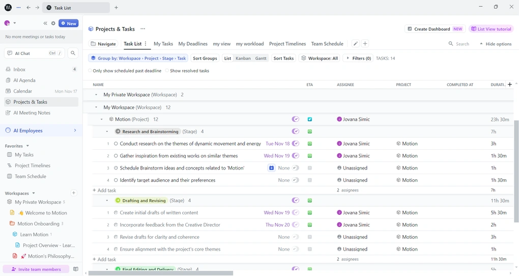 Motion task management feature