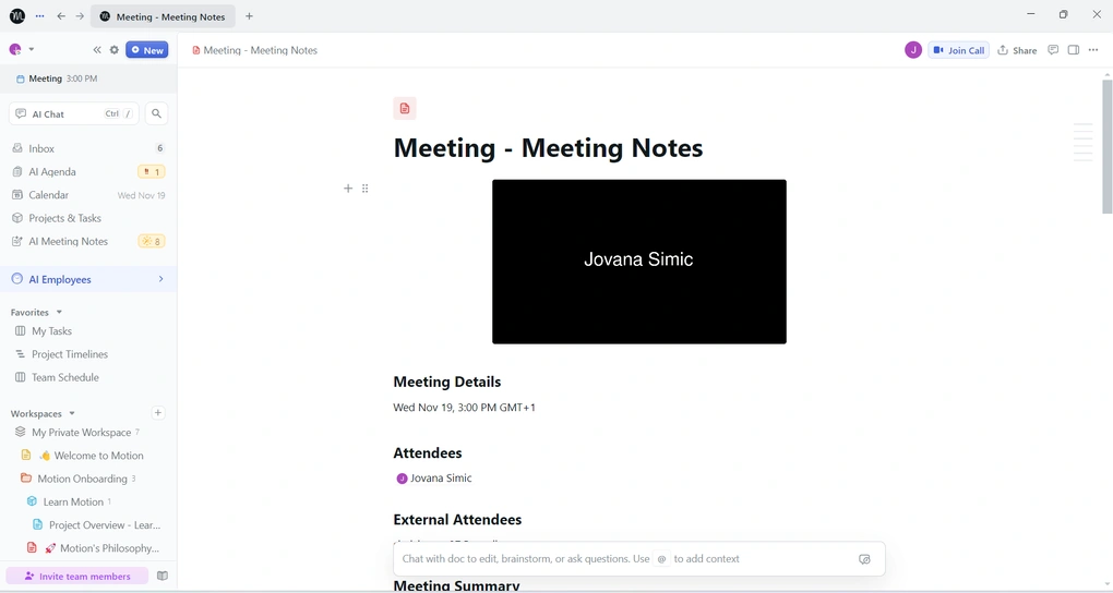 Motion's AI note-taker feature