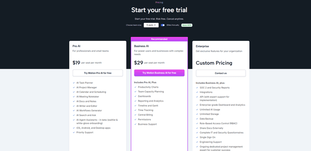 Motion's pricing plans above 3 seats