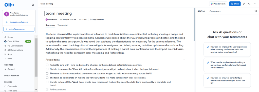 Otter AI's meeting summary