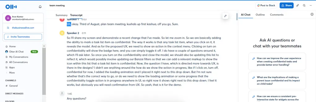 Otter AI's transcription feature