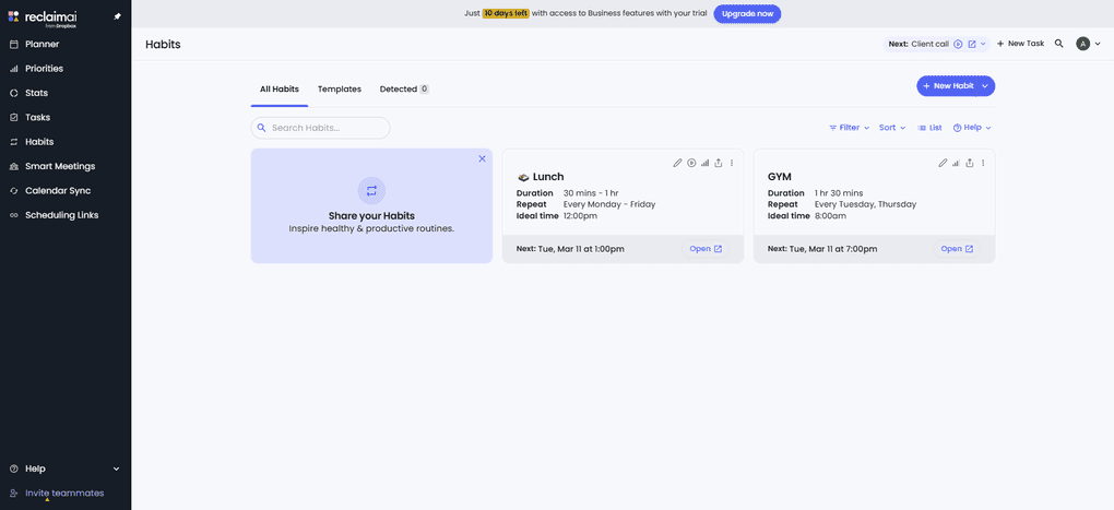 Reclaim AI's habits feature