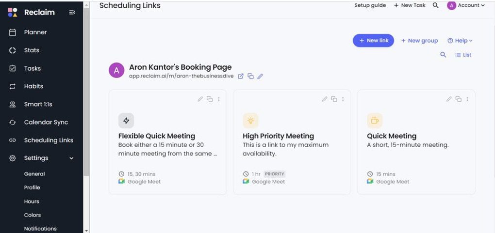 Reclaim AI's scheduling links feature