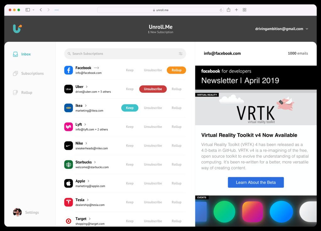 Unroll.me is an email management tool