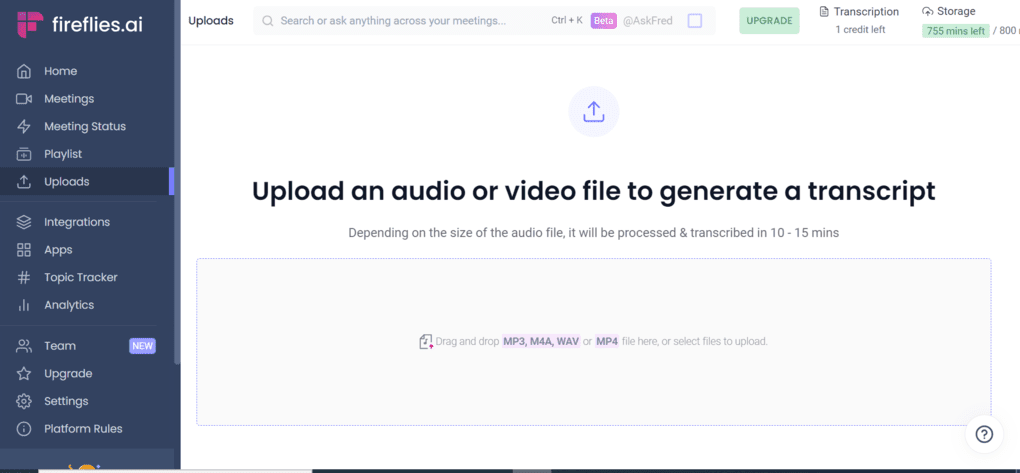 Fireflies AI review - File transcription feature