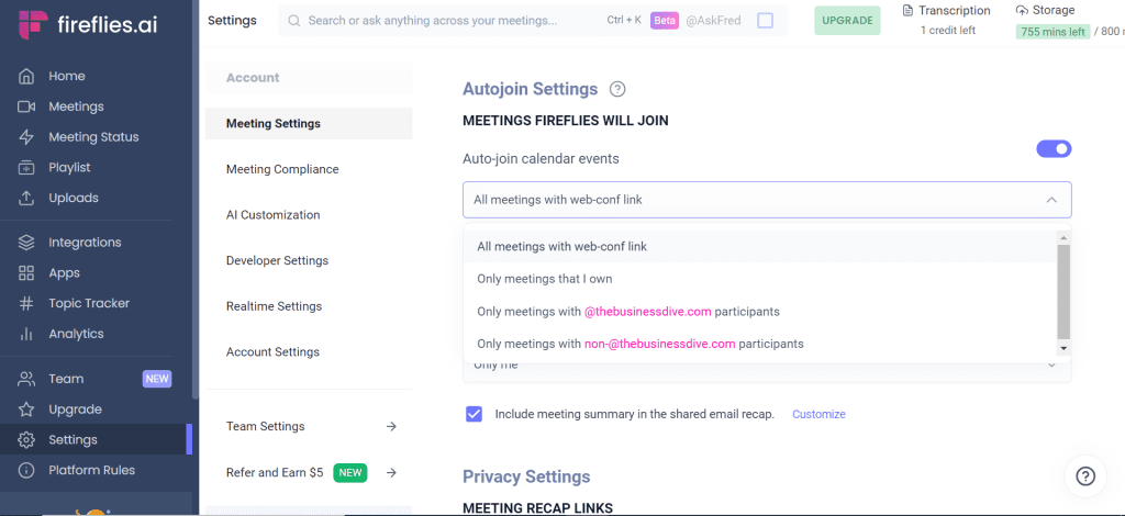 Fireflies AI review - auto-join settings