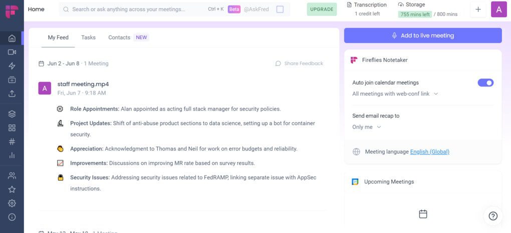 Fireflies AI's user interface