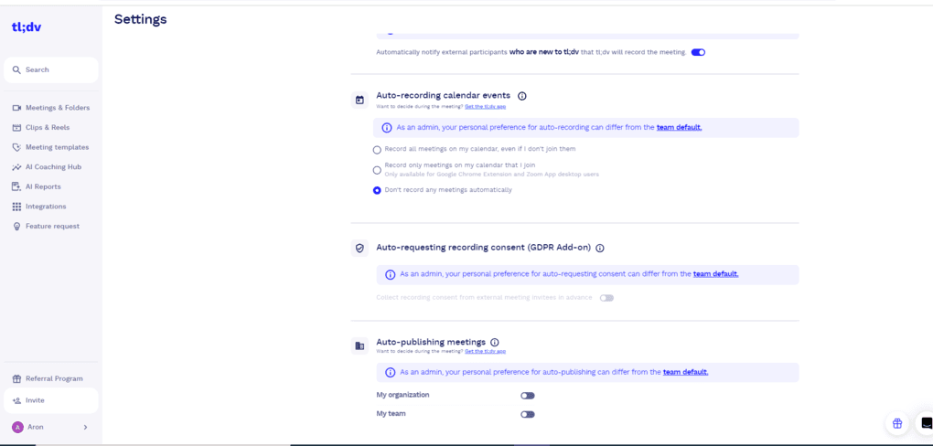 Tl;dv transcription settings