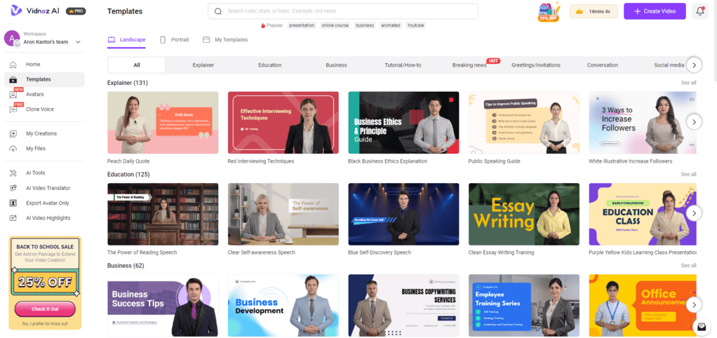 Vidnoz has many avatars, video templates
