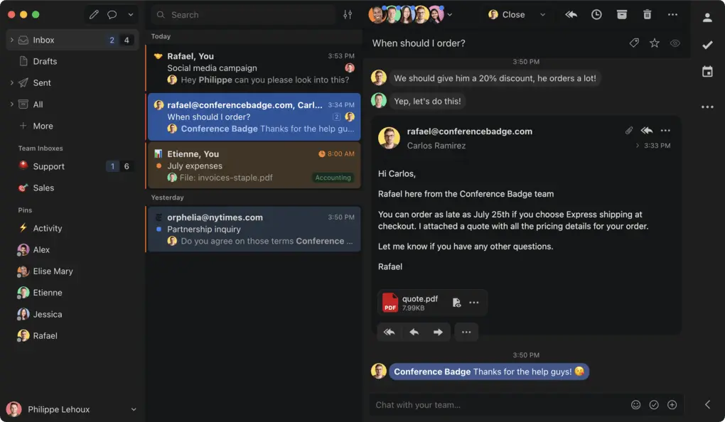 Missive's team chat feature