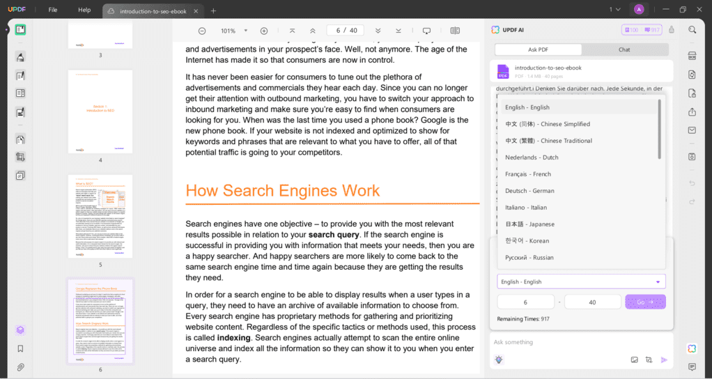 UPDF translation feature