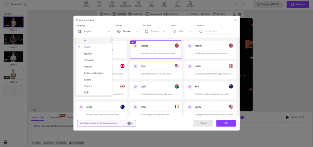You can try multiple languages and AI voices