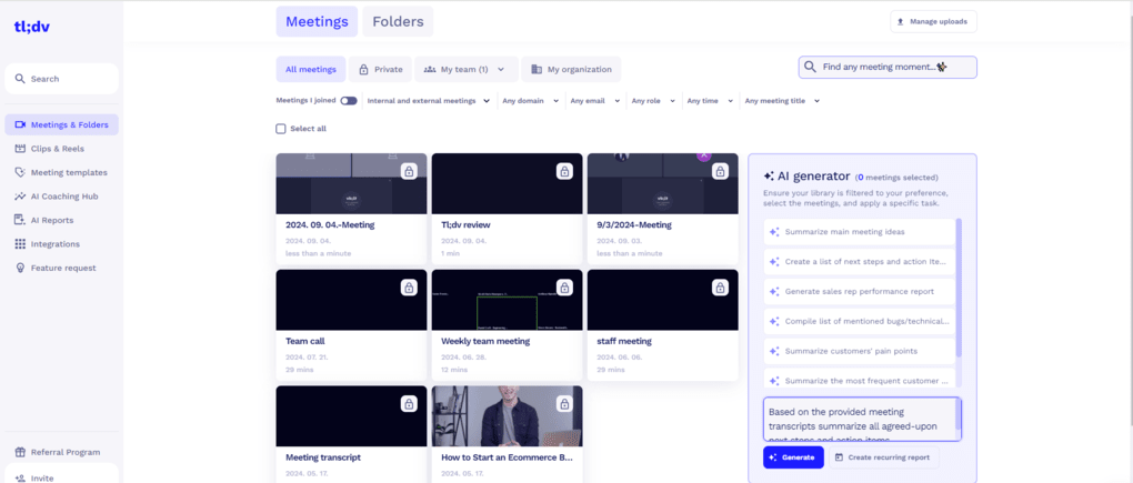 fireflies ai vs tl;dv - tl;dv's user interface