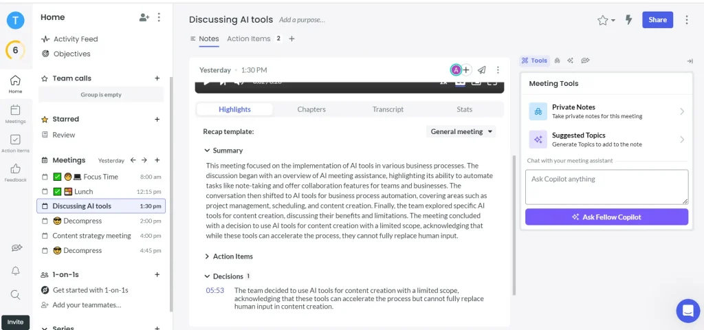 Fellow's meeting summary feature