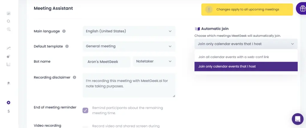 MeetGeek review - preferences to join to online meetings