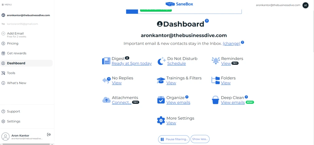 Sanebox user interface