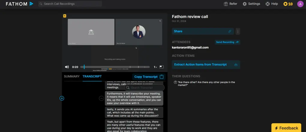 Fathom transcription feature