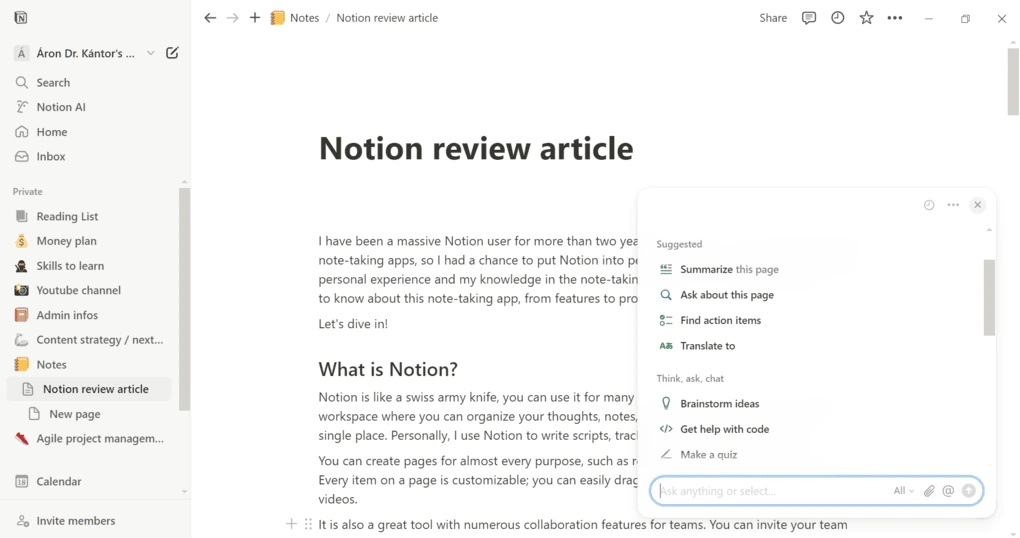 Notions AI writing assistant feature