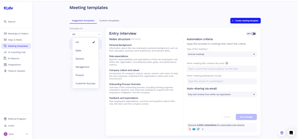 Fathom vs tl;dv: meeting templates
