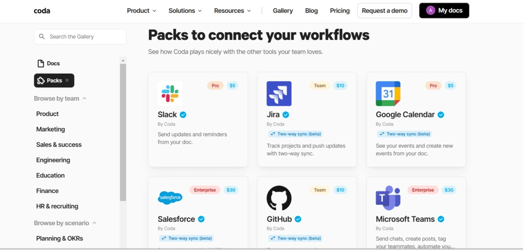 Coda integrations (Google Calendar, Salesforce, etc)