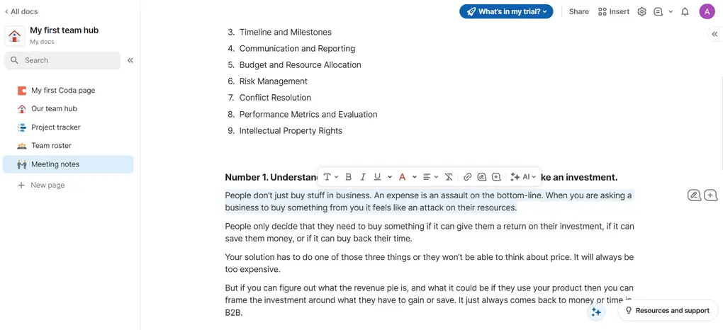 Coda note-taking capabilities