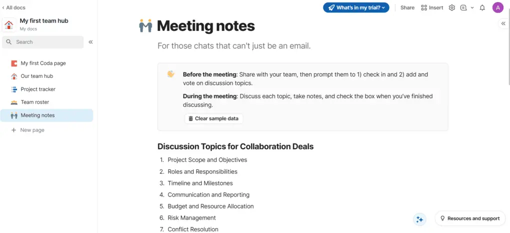 Coda note-taking feature