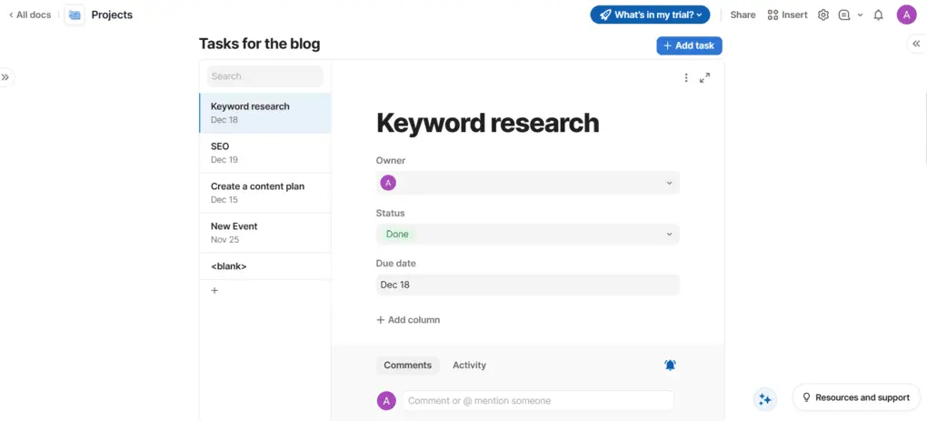 Coda task management feature