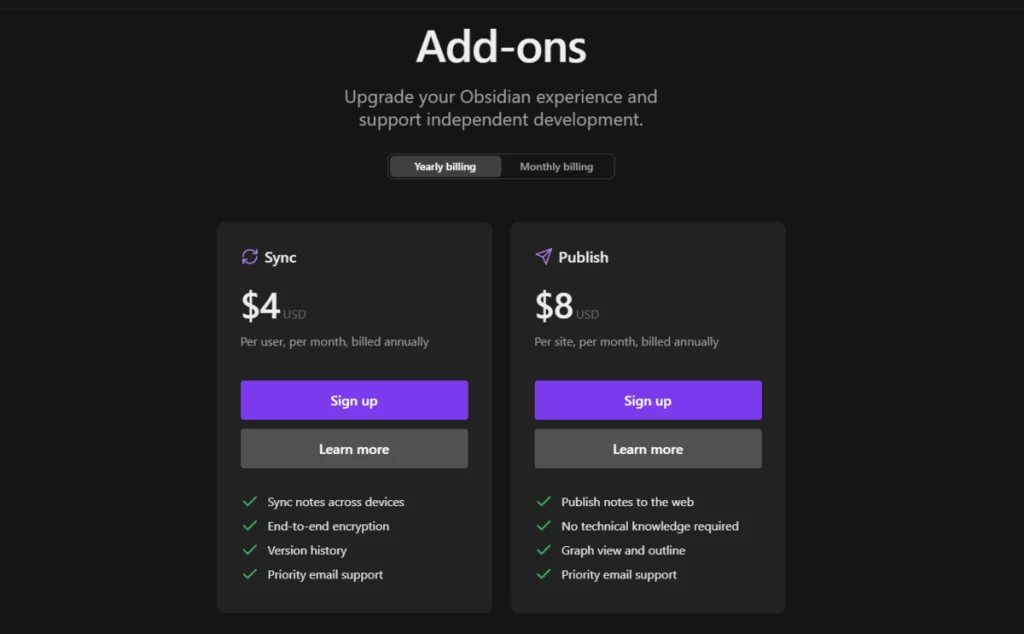 Obsidian pricing for sync and publish features