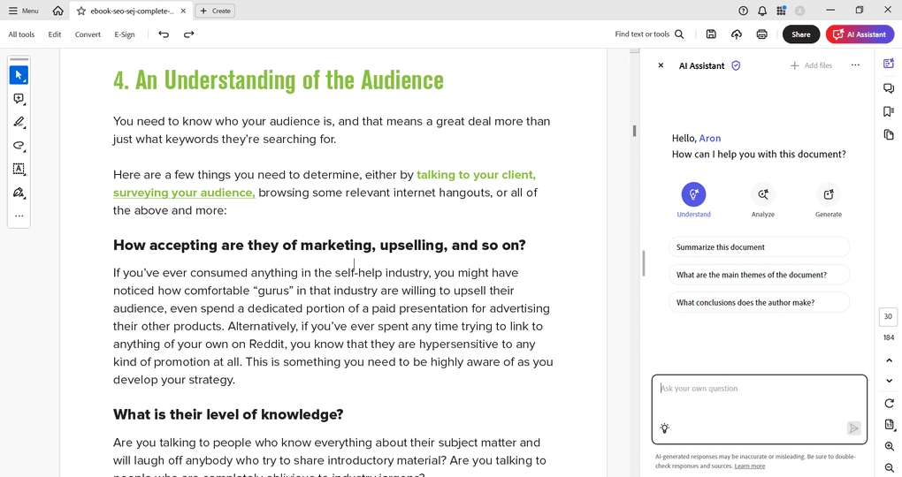 Adobe Acrobat AI assistant feature