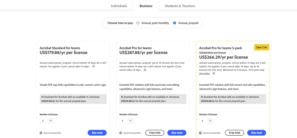 Adobe Acrobat pricing for businesses