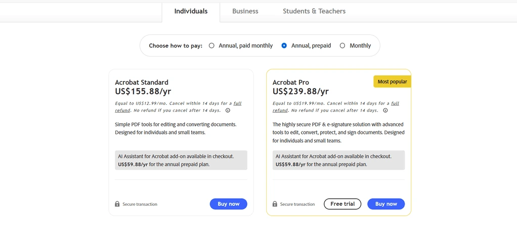 Adobe Acrobat pricing for individuals