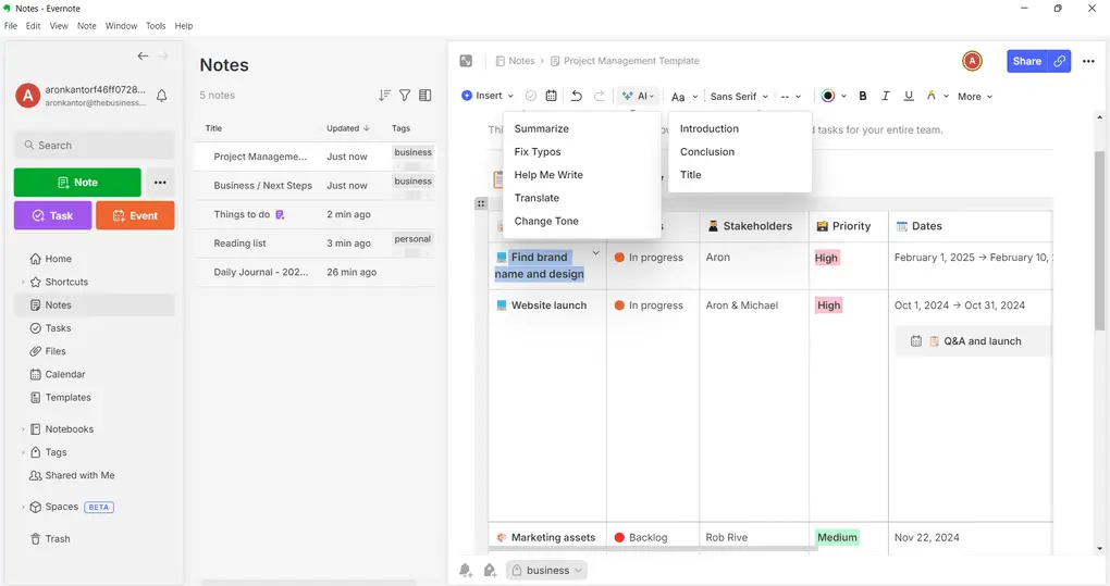 Evernote AI features