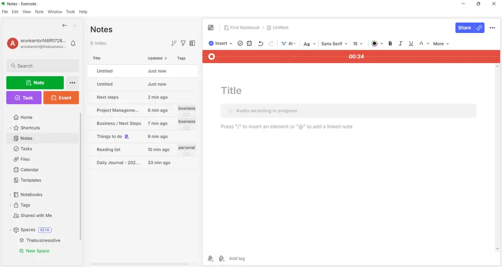Evernote audio note feature