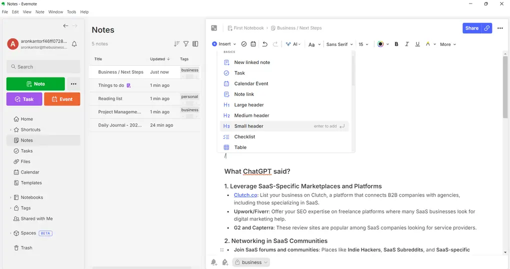 Evernote formatting options for note-taking