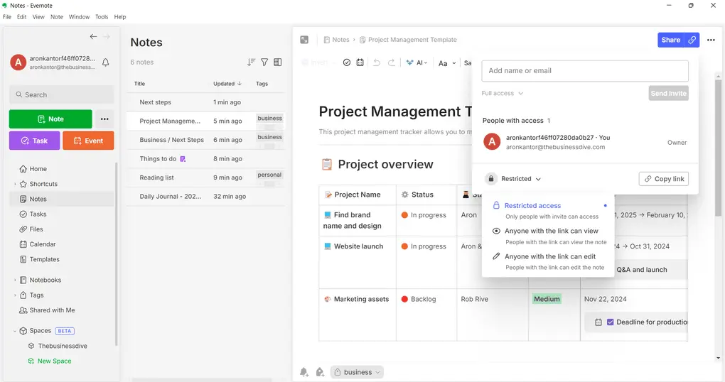 Evernote note sharing tools