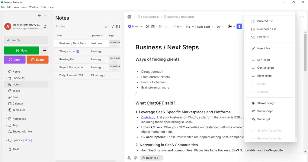 Evernote note-taking features