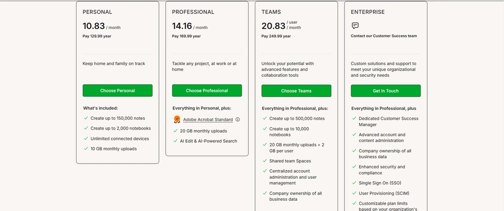 Evernote pricing plans