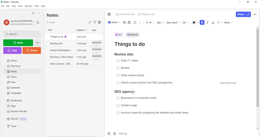 Evernote task management features