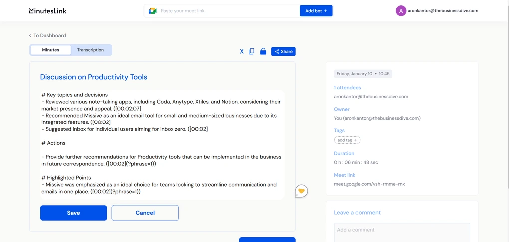 Minuteslink review - AI meeting notes