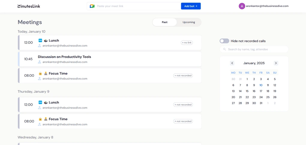 Minuteslink user interface