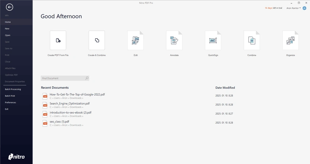 Nitro PDF user interface