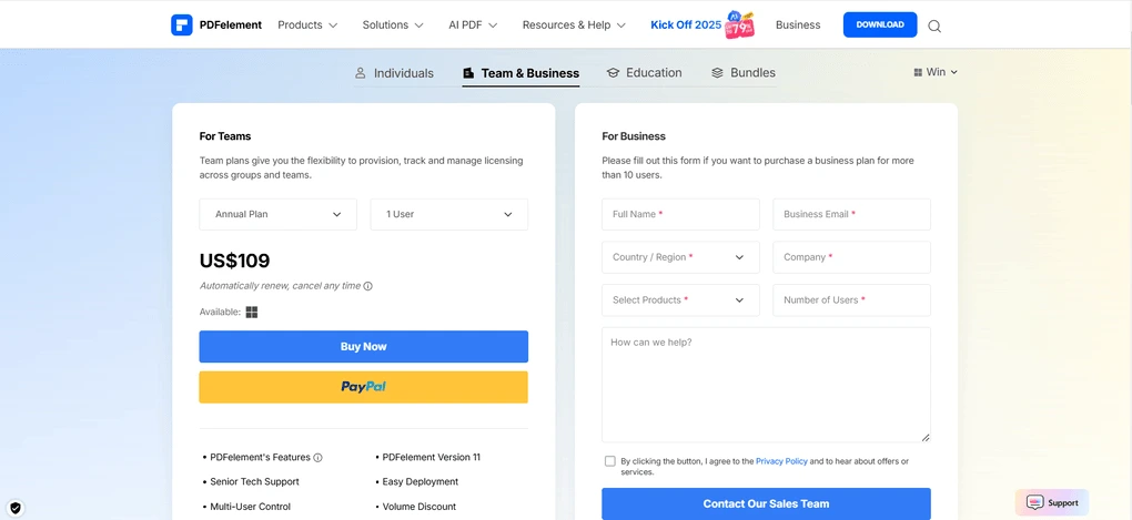 Wondershare PDFelement pricing for businesses
