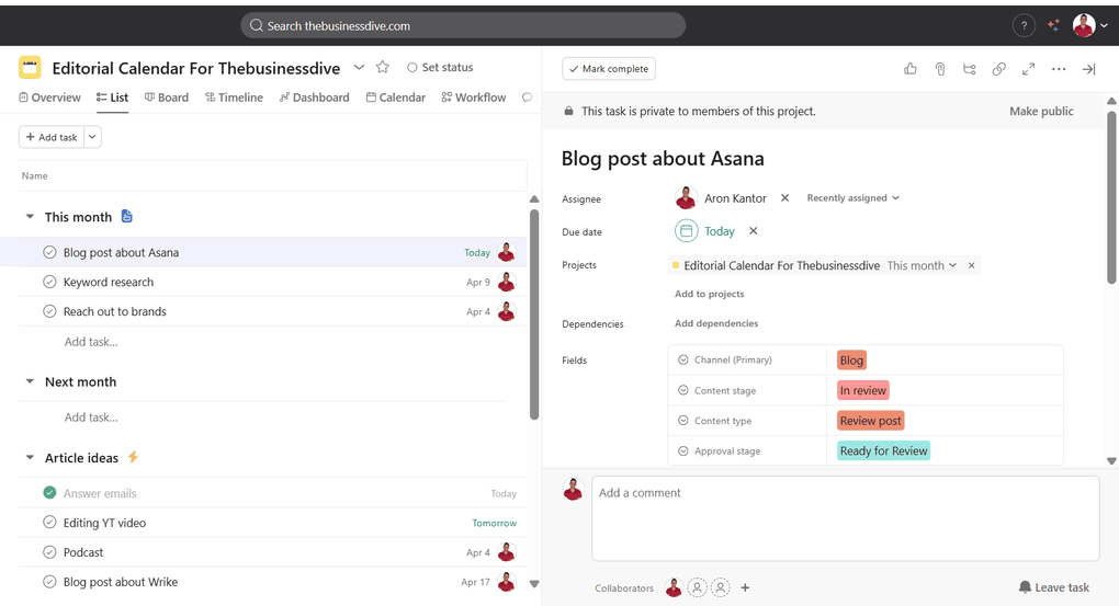 Asana's task management tools