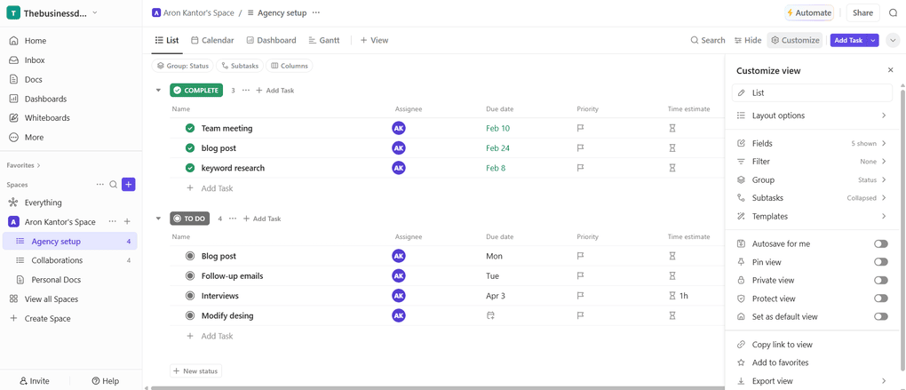 ClickUp project customization options