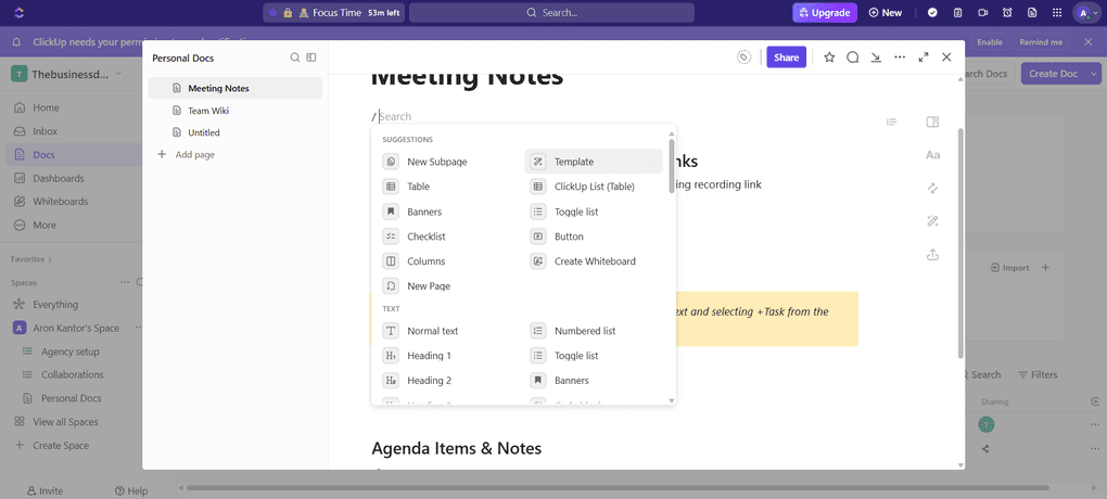 ClickUp's note taking tools