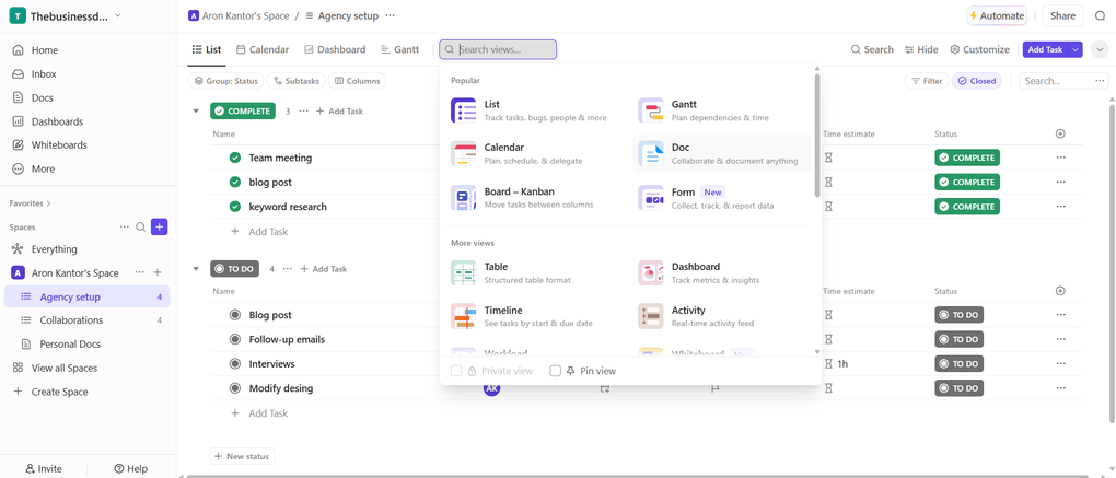 clickup has many view for managing projects